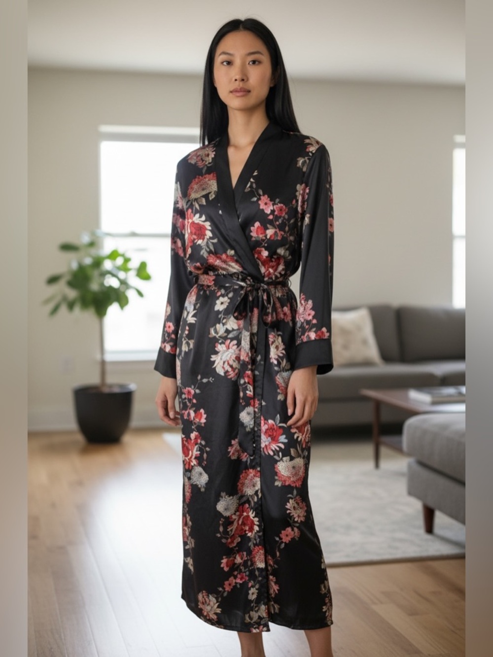 In Bloom by Jonquil Beautiful Silky Long Robe BLK Floral Velvet Trim on Arm Med